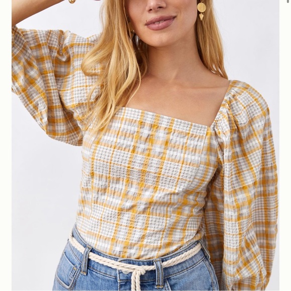 Anthropologie Tops - Anthropologie Maeve Plaid Square-Neck Blouse Women’s SZ Small in NEUTRAL MOTIF